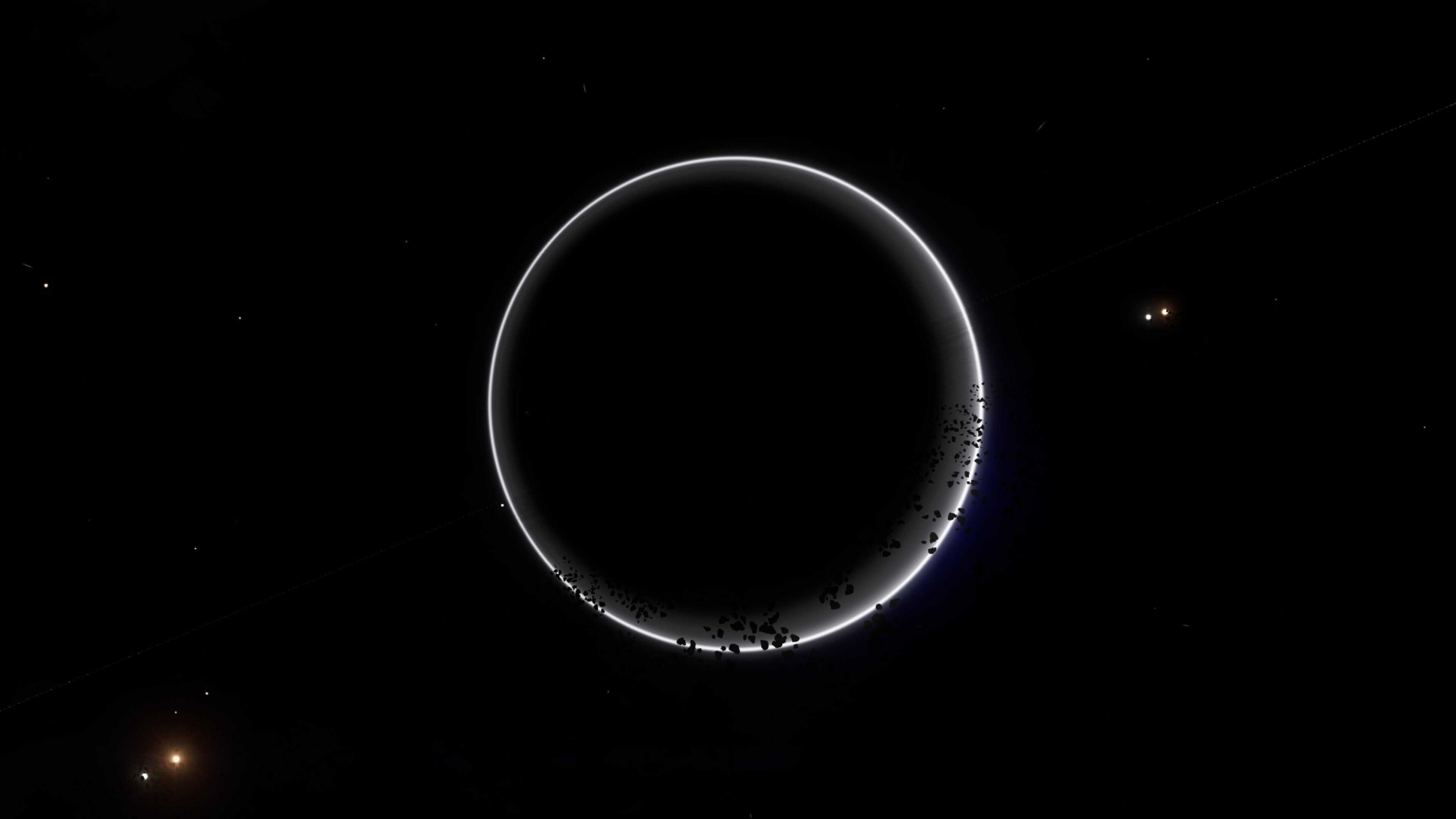 A screenshot from Elite Dangerous, with a dark planet ringed by light on its edges.