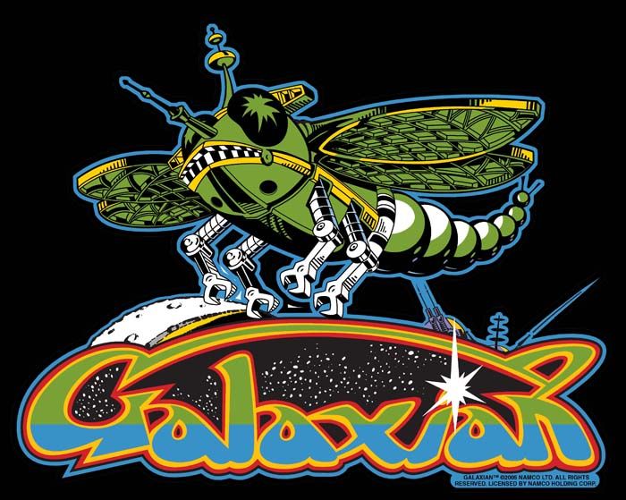 A marquee graphic for the game Galaxian, prominently featuring one of the game's insectoid aliens.