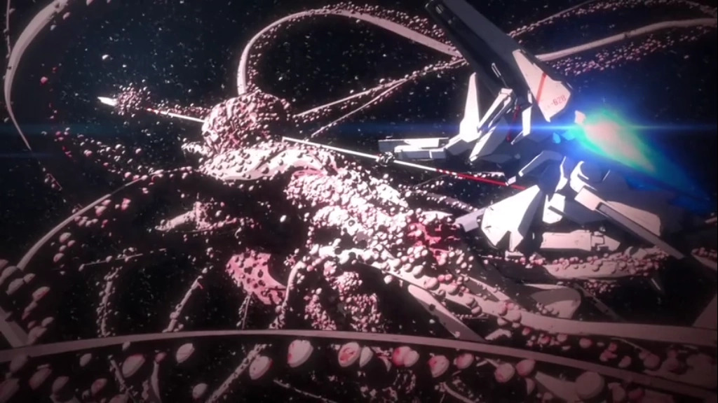 A screenshot from the anime Knights of Sidonia, with mecha pilot Nagate Tanikaze delivering a killing blow to an alien Gauna via a spear-like Kabizashi.