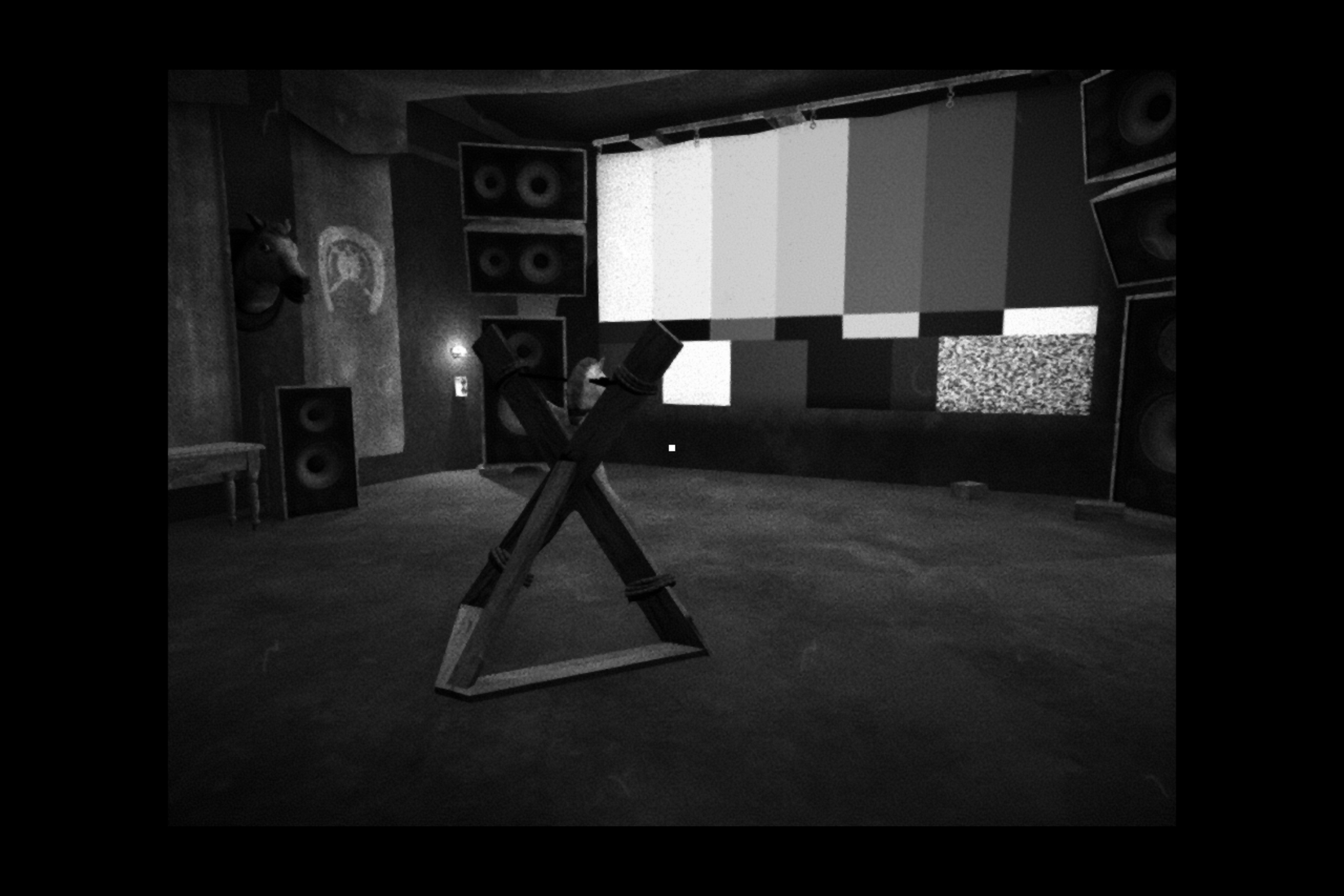 A screenshot from the game <em>Horses</em>, showing the character Linda being forcibly brainwashed by a giant cinematic apparatus.