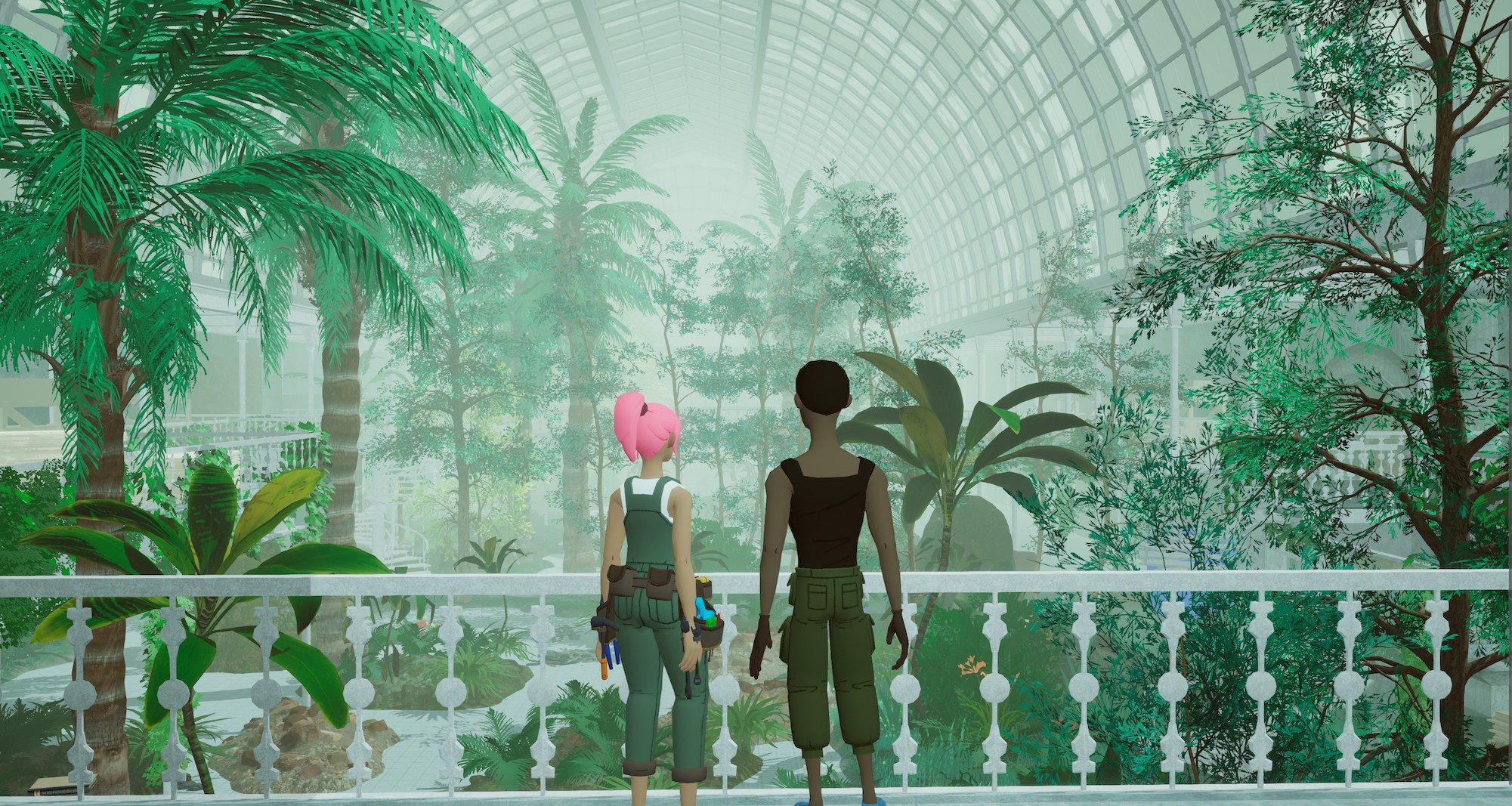 A screenshot from the videogame Common'Hood, with two characters overlooking the interior of a greenhouse