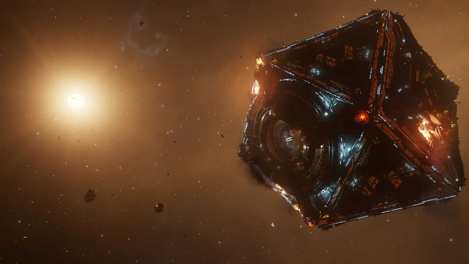 A screenshot from the game Elite Dangerous, showing a damaged Coriolis starport on fire.
