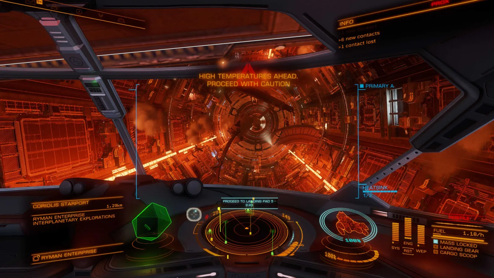 A screenshot from the game Elite Dangerous, showing the burning interior of a damaged Coriolis starport from the point of view of the player in a ship cockpit entering the station.