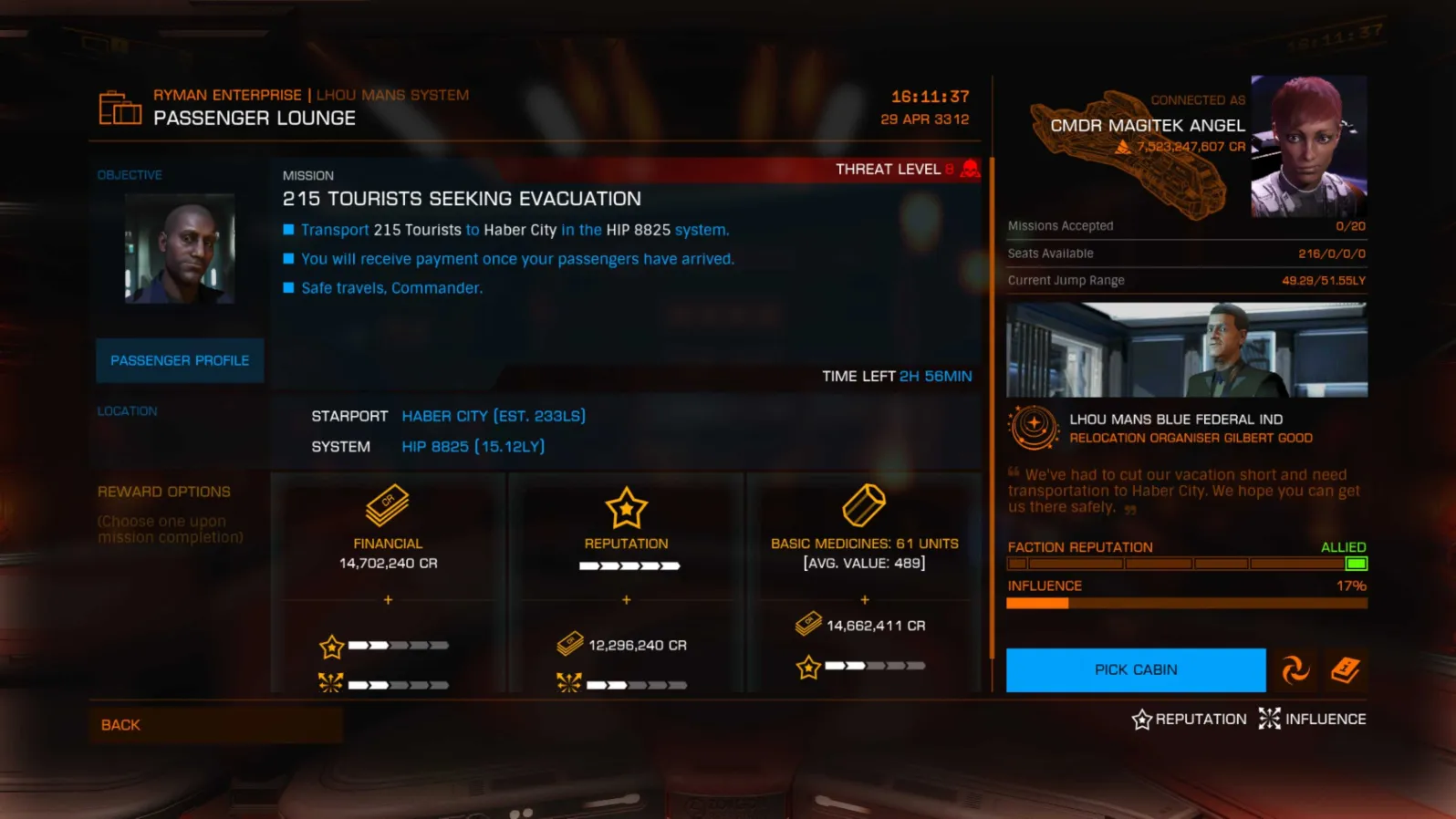 A screenshot from the game Elite Dangerous, showing the interface for accepting passenger evacuation missions during a station emergency.