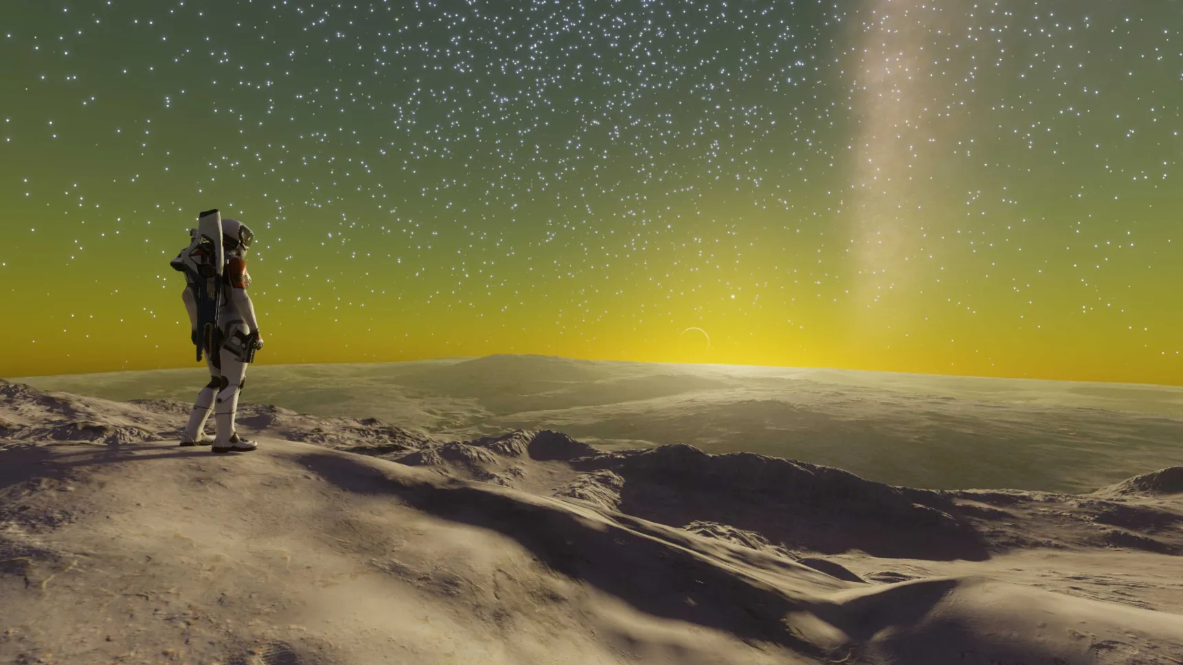 A screenshot from the videogame Elite Dangerous, with a player character overlooking a starry horizon on an alien world.