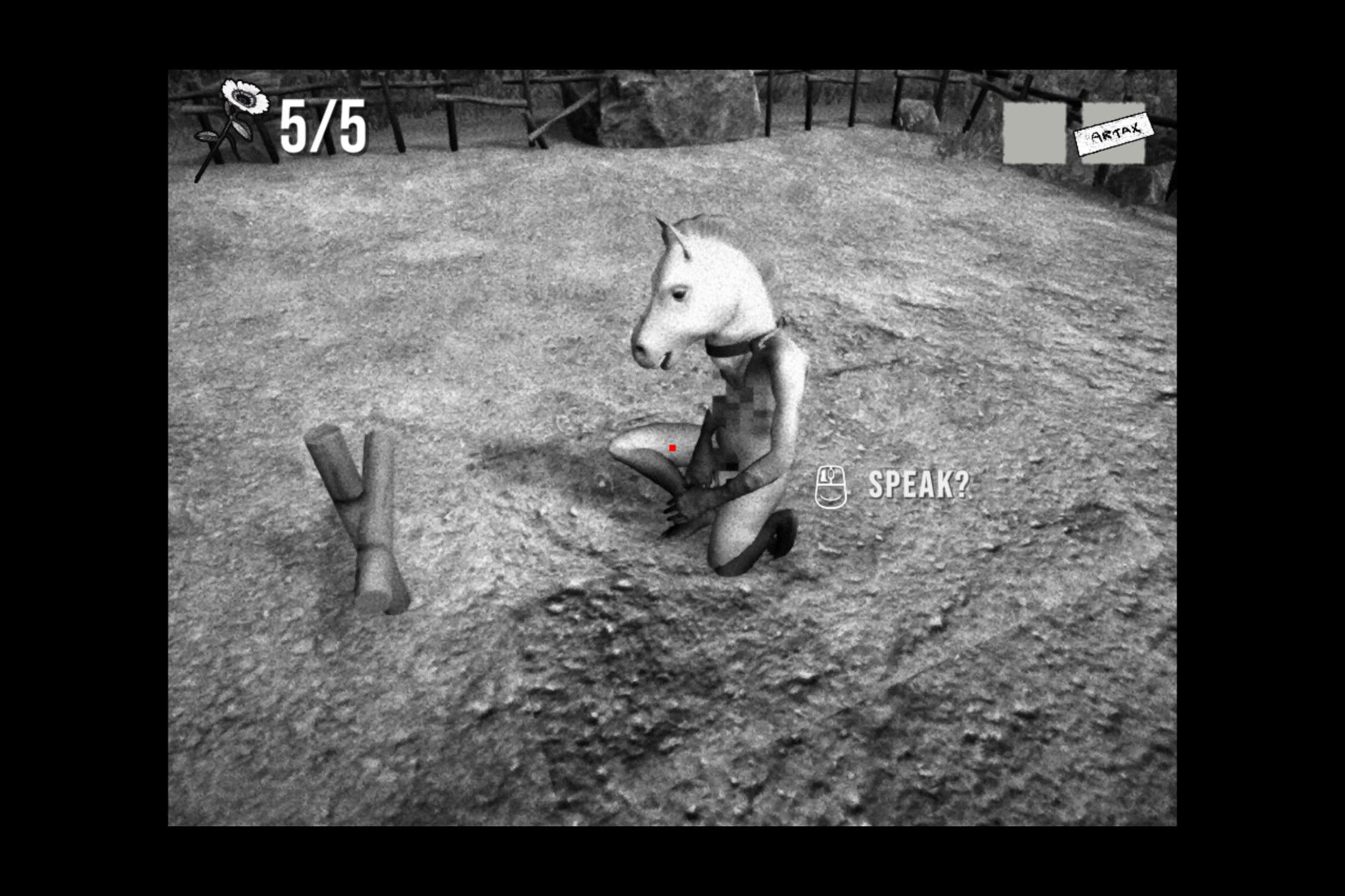 A screenshot from the game <em>Horses</em>, showing one of the titular horses kneeling in front of a grave.