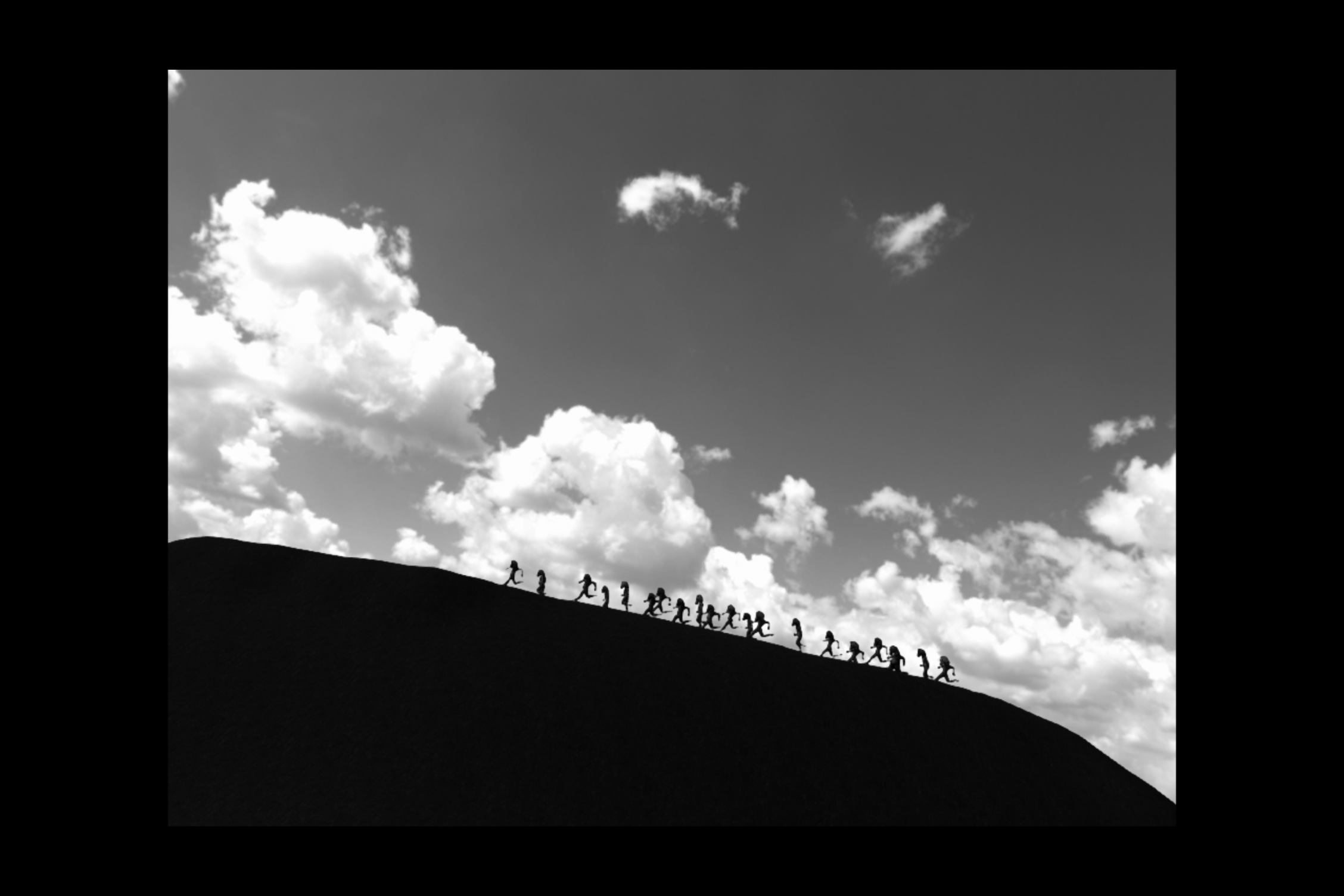 A screenshot from the game <em>Horses</em>, showing the titular horses ascending a hill.