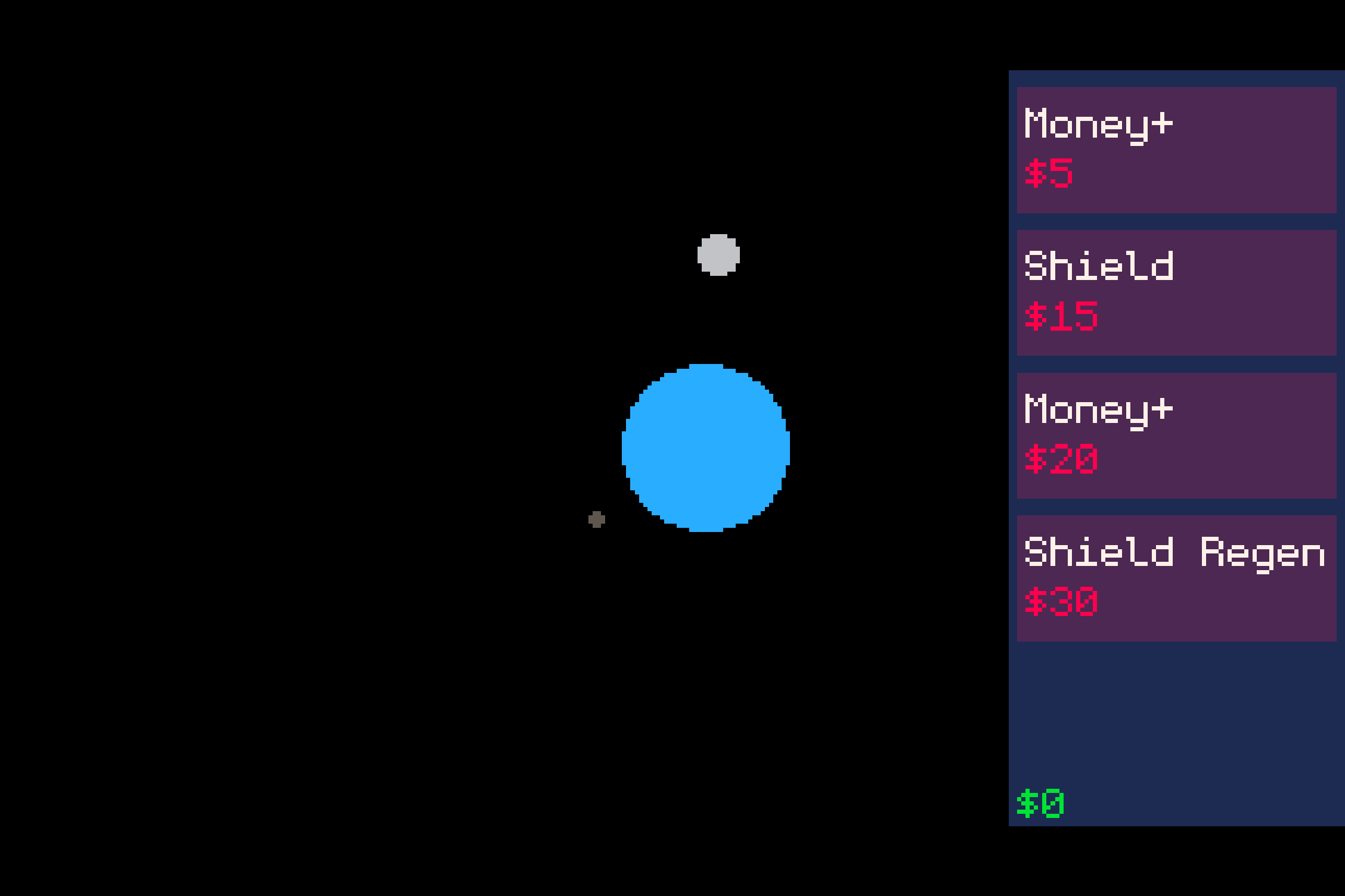 A screenshot from the videogame Lunar Defense, showing the early game, as the player struggles to increase the score against approaching asteroids.