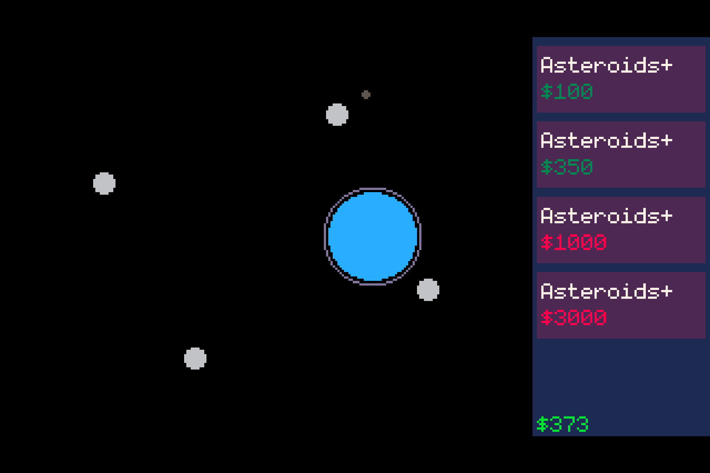 A screenshot from the videogame Lunar Defense, showing the late game, with the only avaibale option being to increase the number of hazardous asteroids approaching the Earth.