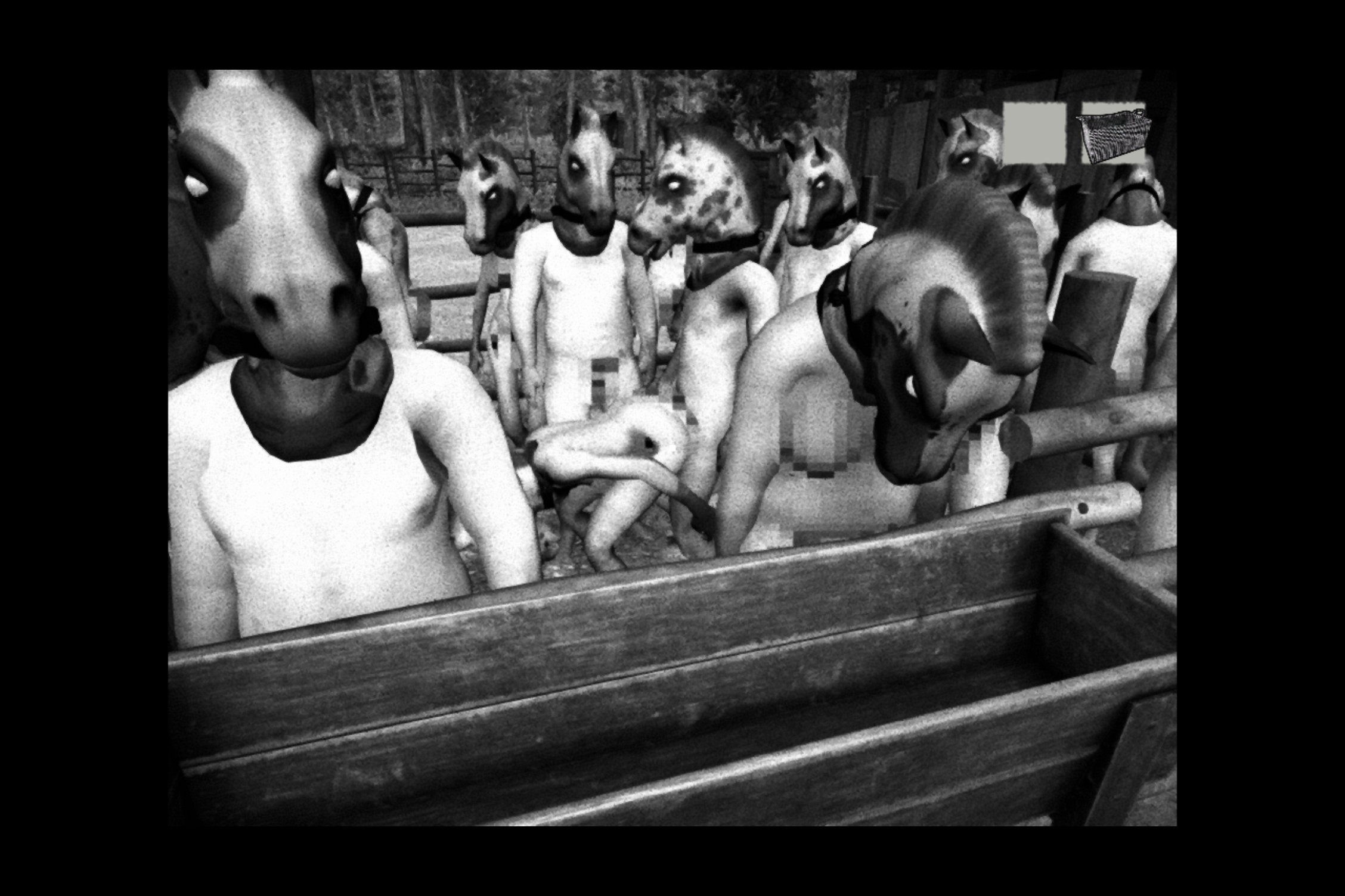 A screenshot from the game Horses, depicting naked human beings in horse masks being kept in a pen.