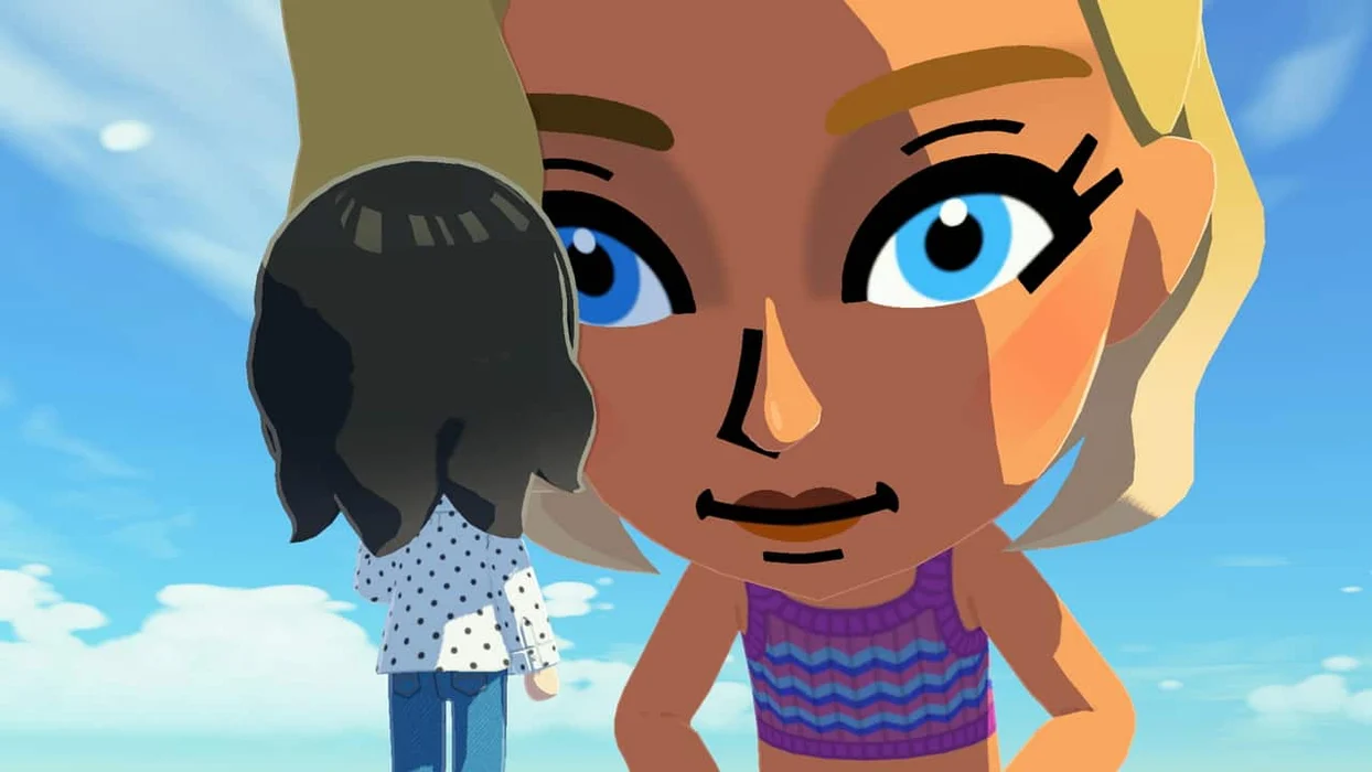 An official screenshot from the game Tomodachi Life: Living the Dream, with a giant Mii looking down at a smaller one