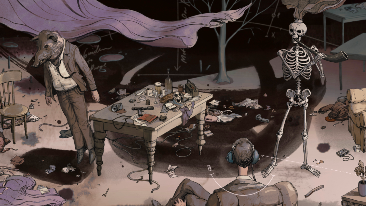 A promotional image for the game Zero Parades featuring a Skeleton playing a horn, a person seated with headphones, and a person with a boar's head, all gathered around a table.